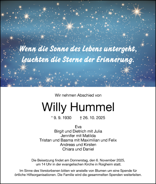 Traueranzeige von Willy Hummel von Fränkische Nachrichten