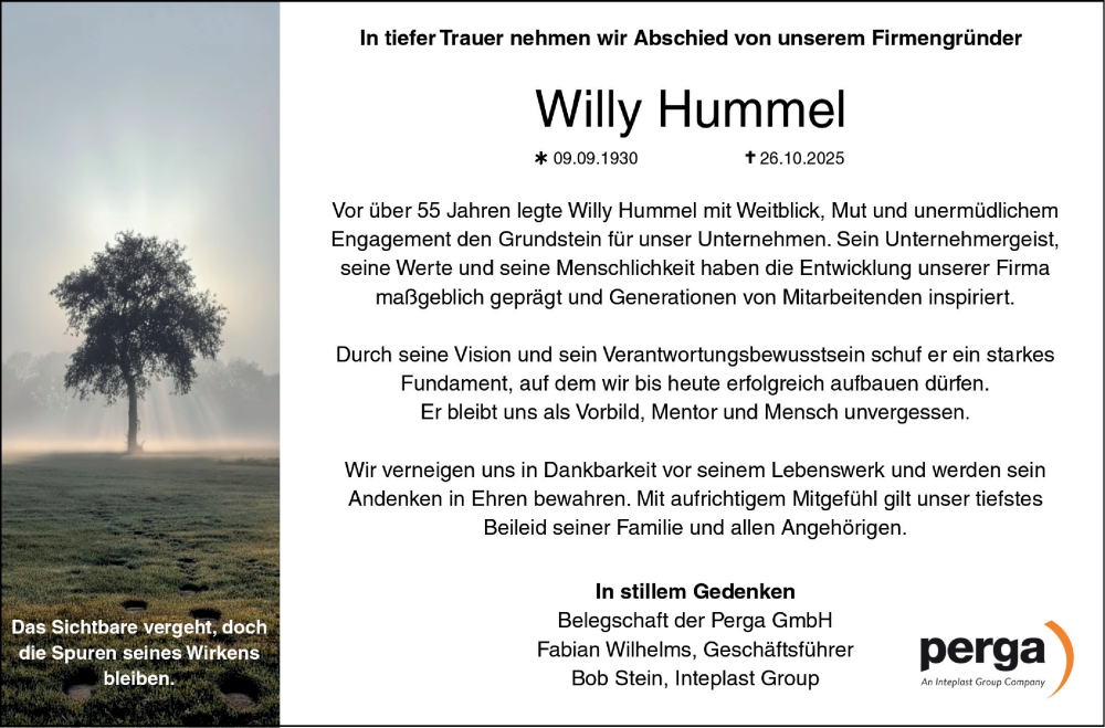  Traueranzeige für Willy Hummel vom 31.10.2025 aus Fränkische Nachrichten