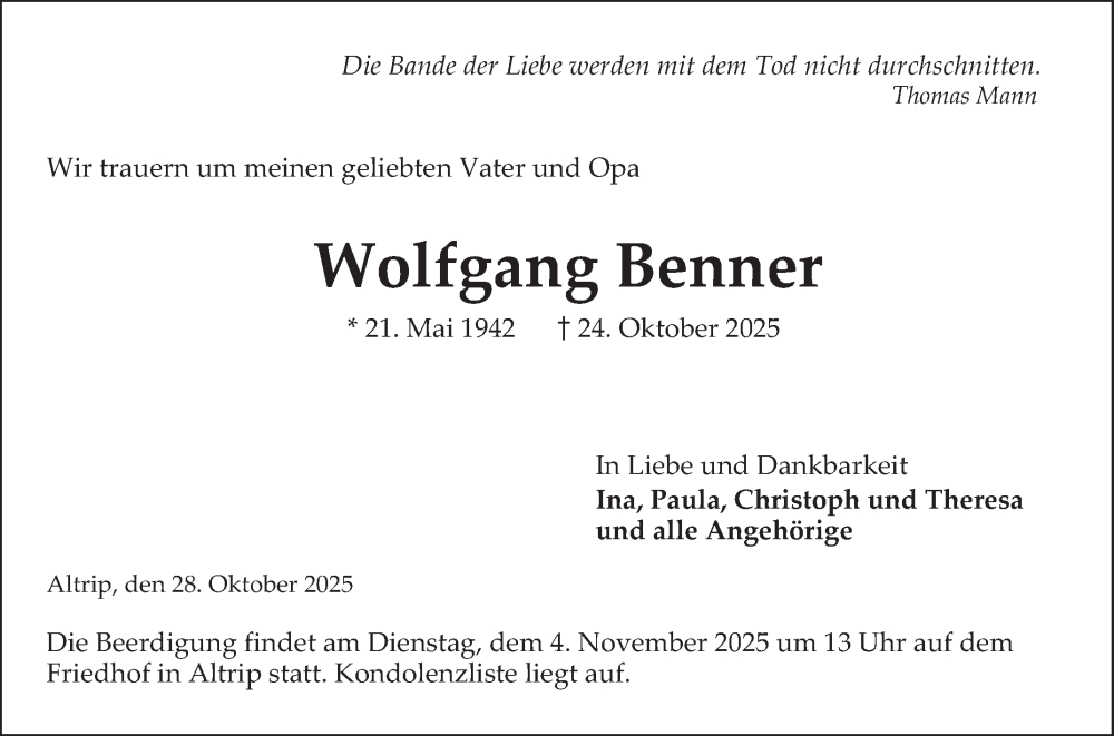  Traueranzeige für Wolfgang Benner vom 28.10.2025 aus Mannheimer Morgen