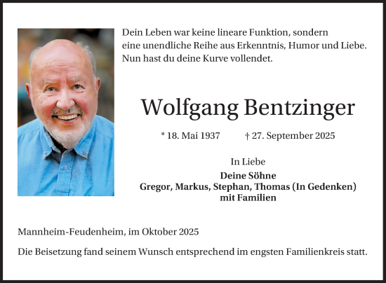 Traueranzeige von Wolfgang Bentzinger von Mannheimer Morgen