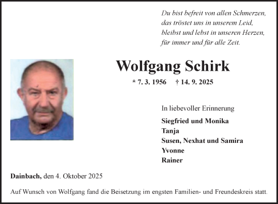 Traueranzeige von Wolfgang Schirk von Fränkische Nachrichten