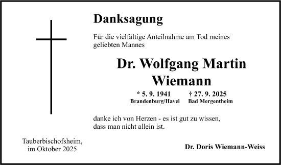 Traueranzeige von Wolfgang Martin Wiemann von Fränkische Nachrichten