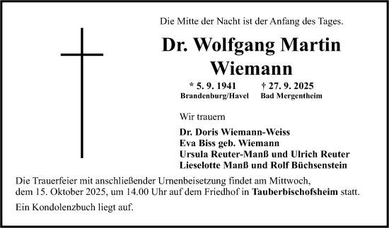 Traueranzeige von Wolfgang Martin Wiemann von Fränkische Nachrichten