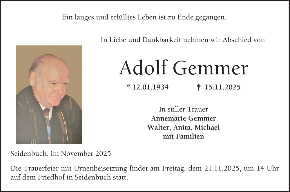  Traueranzeige für Adolf Gemmer vom 19.11.2025 aus Bergsträßer Anzeiger