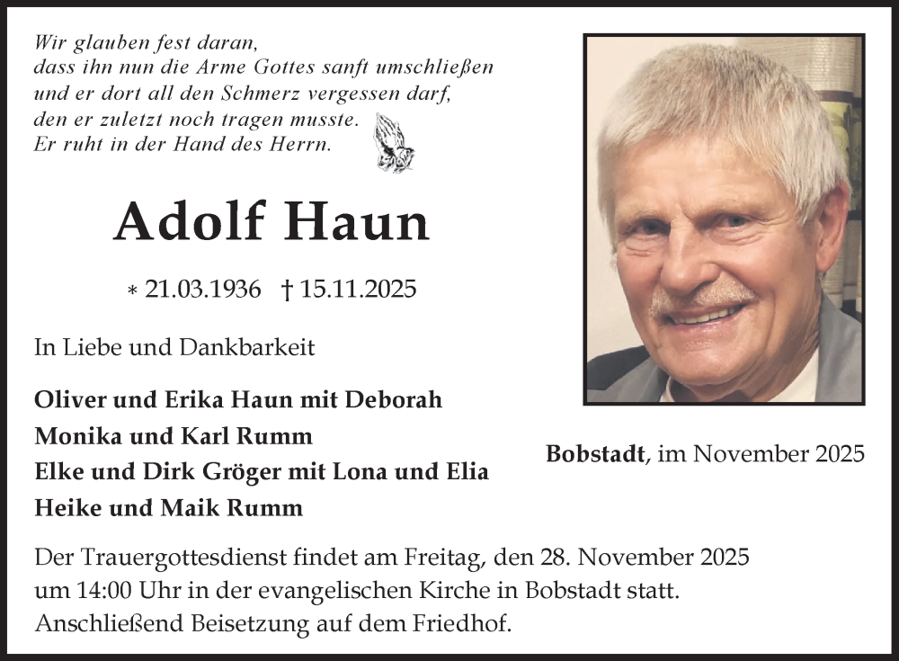  Traueranzeige für Adolf Haun vom 22.11.2025 aus Fränkische Nachrichten