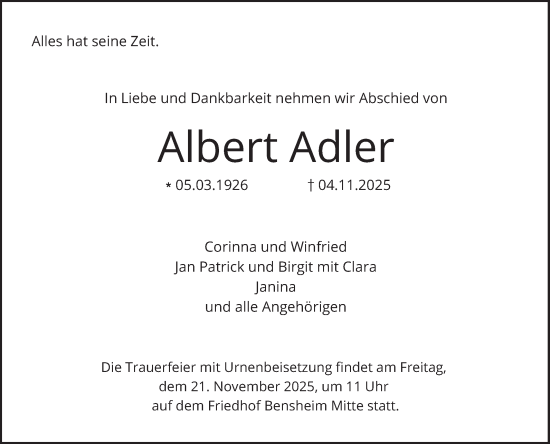 Traueranzeige von Albert Adler von Bergsträßer Anzeiger