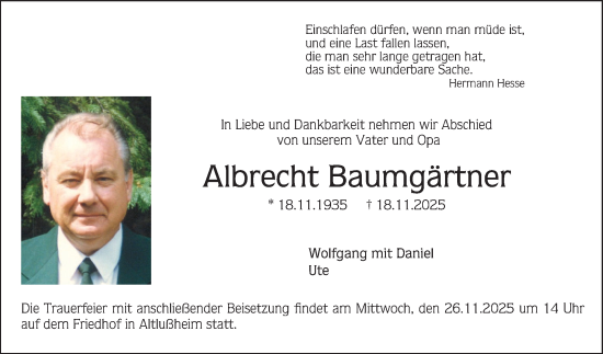 Traueranzeige von Albrecht Baumgärtner von Schwetzinger Zeitung