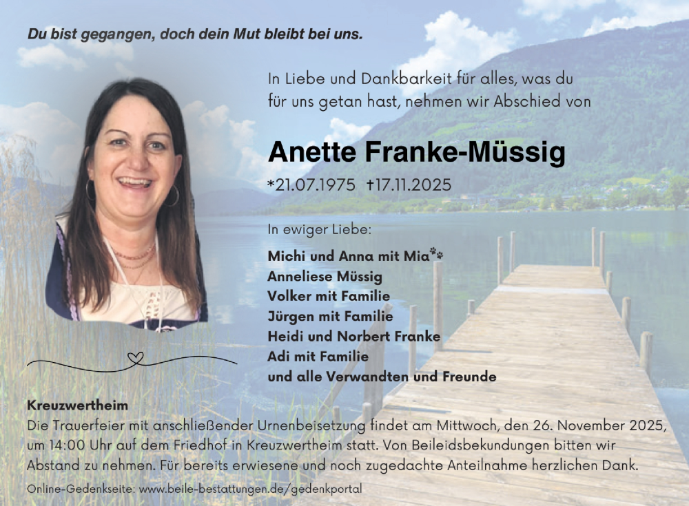  Traueranzeige für Anette Franke-Müssig vom 22.11.2025 aus Fränkische Nachrichten