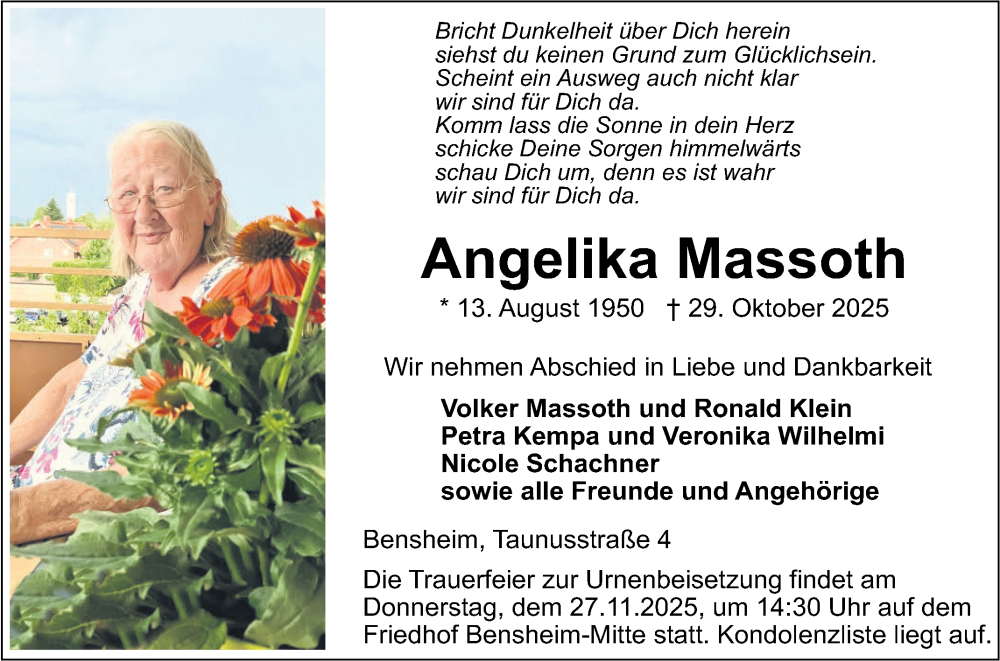  Traueranzeige für Angelika Massoth vom 22.11.2025 aus Bergsträßer Anzeiger