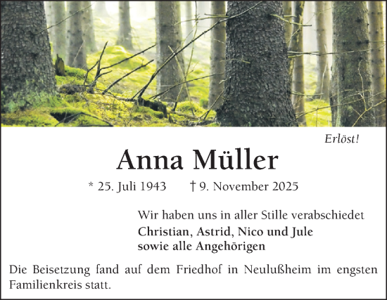 Traueranzeige von Anna Müller von Schwetzinger Zeitung