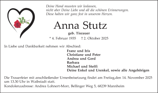 Traueranzeige von Anna Stutz von Mannheimer Morgen