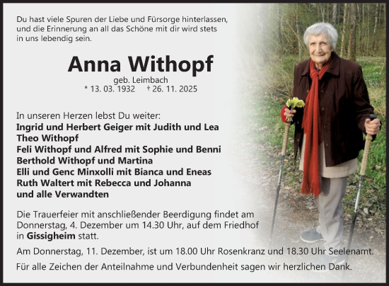 Traueranzeige von Anna Withopf von Fränkische Nachrichten