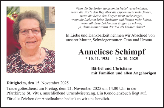 Traueranzeige von Anneliese Schimpf von Fränkische Nachrichten