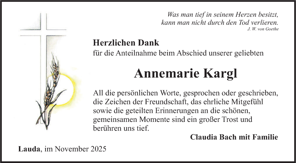  Traueranzeige für Annemarie Kargl vom 15.11.2025 aus Fränkische Nachrichten