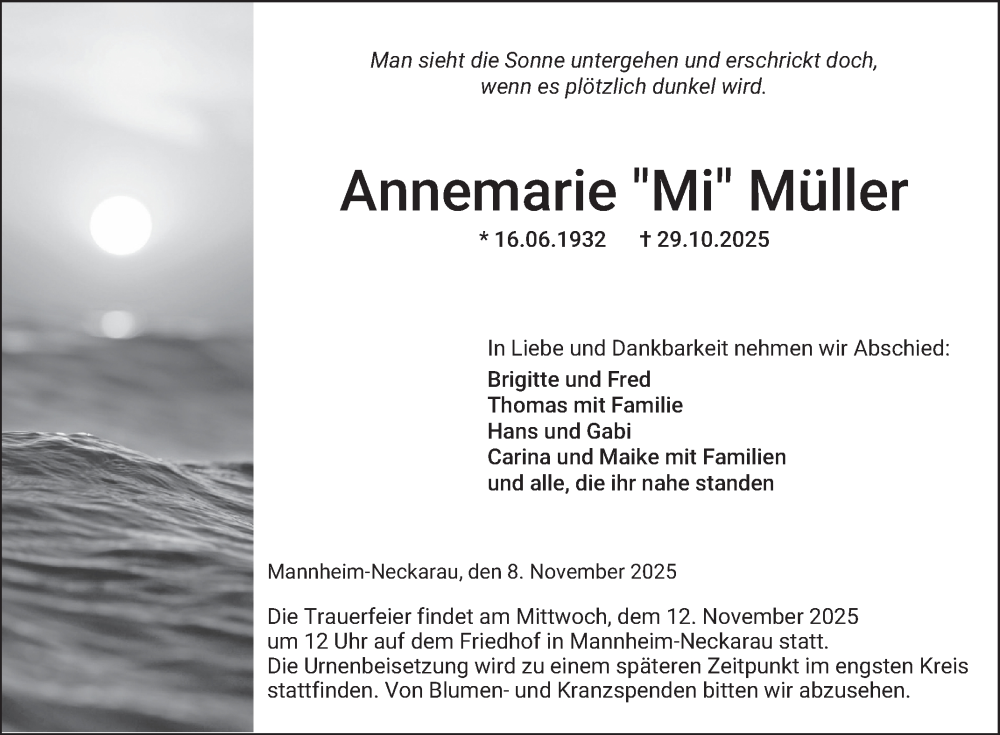  Traueranzeige für Annemarie Müller vom 08.11.2025 aus Mannheimer Morgen