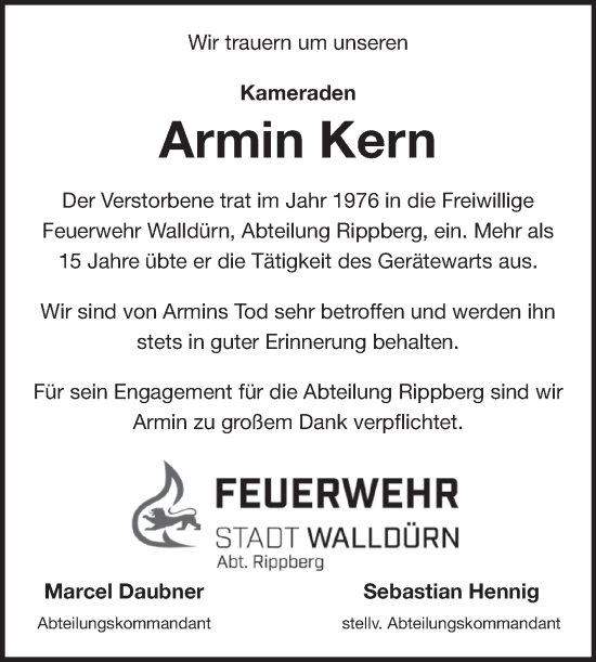 Traueranzeige von Armin Kern von Fränkische Nachrichten