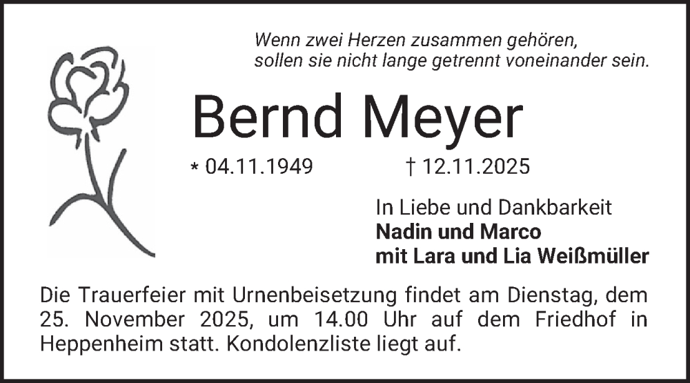  Traueranzeige für Bernd Meyer vom 22.11.2025 aus Bergsträßer Anzeiger