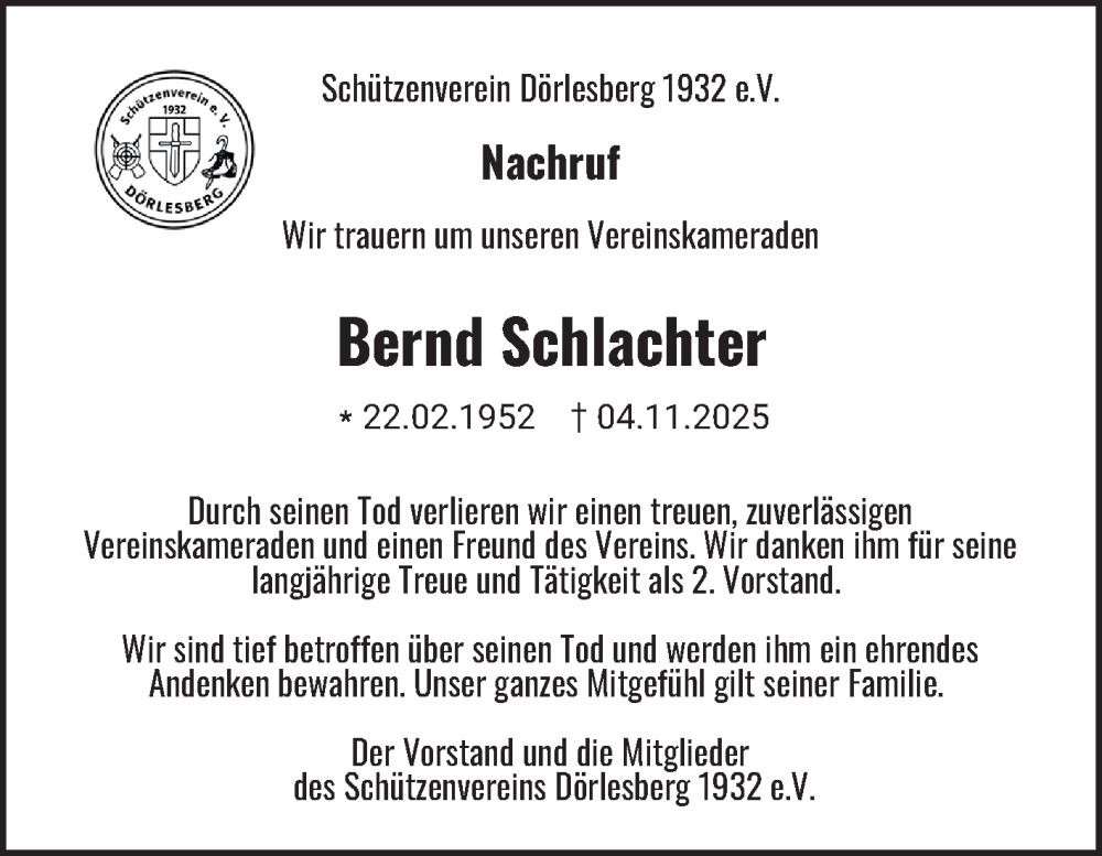  Traueranzeige für Bernd Schlachter vom 12.11.2025 aus Fränkische Nachrichten