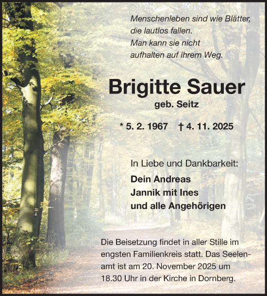 Traueranzeige von Brigitte Sauer von Fränkische Nachrichten