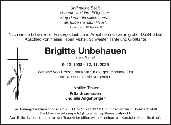 Traueranzeige von Brigitte Unbehauen von Fränkische Nachrichten