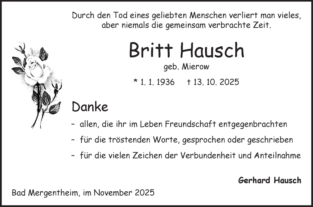  Traueranzeige für Britt Hausch vom 05.11.2025 aus Fränkische Nachrichten