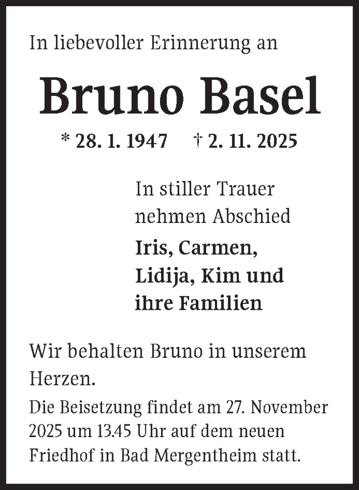  Traueranzeige für Bruno Basel vom 24.11.2025 aus Fränkische Nachrichten