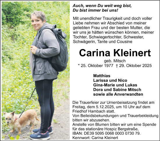 Traueranzeige von Carina Kleinert von Bergsträßer Anzeiger