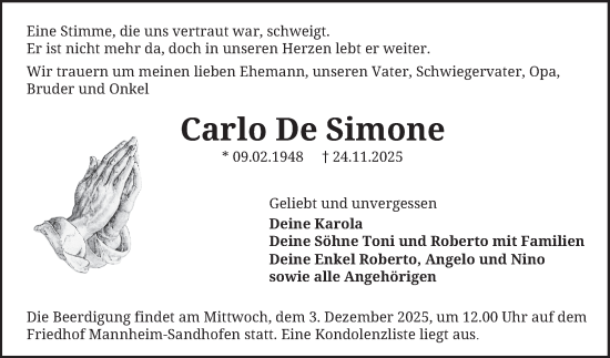 Traueranzeige von Carlo De Simone von Mannheimer Morgen