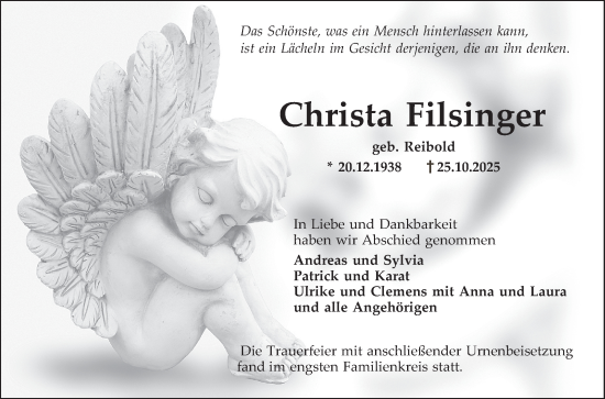 Traueranzeige von Christa Filsinger von Schwetzinger Zeitung