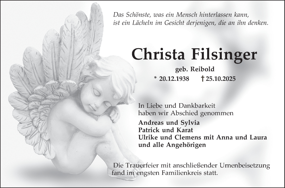  Traueranzeige für Christa Filsinger vom 15.11.2025 aus Schwetzinger Zeitung