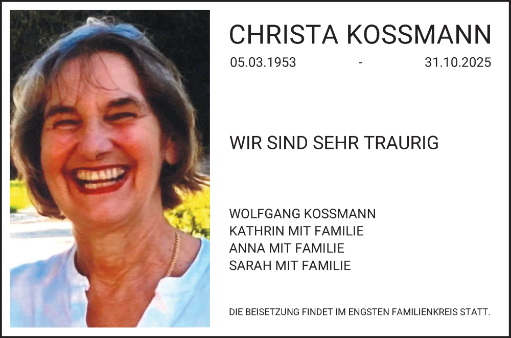 Traueranzeige für Christa Kossmann vom 08.11.2025 aus Bergsträßer Anzeiger