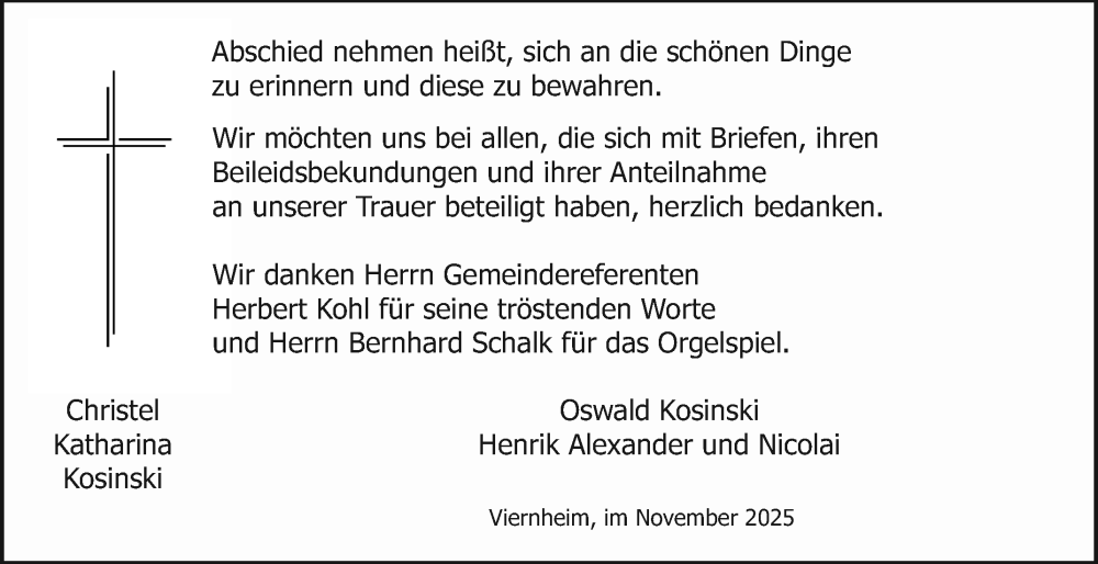  Traueranzeige für Christel Katharina Kosinski vom 22.11.2025 aus Mannheimer Morgen