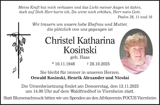 Traueranzeige von Christel Katharina Kosinski von Mannheimer Morgen