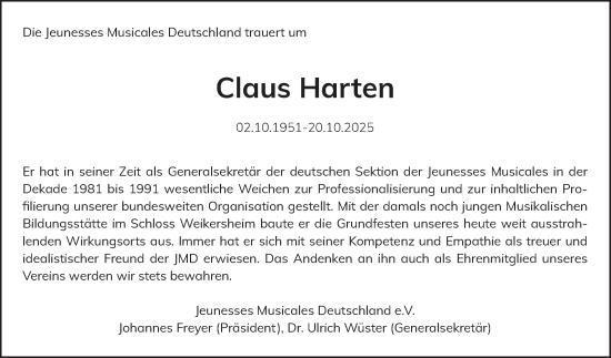 Traueranzeige von Claus Harten von Fränkische Nachrichten