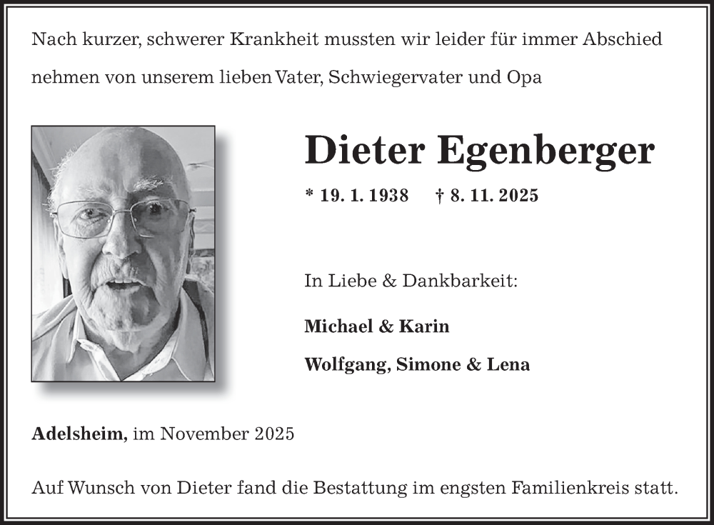  Traueranzeige für Dieter Egenberger vom 29.11.2025 aus Fränkische Nachrichten
