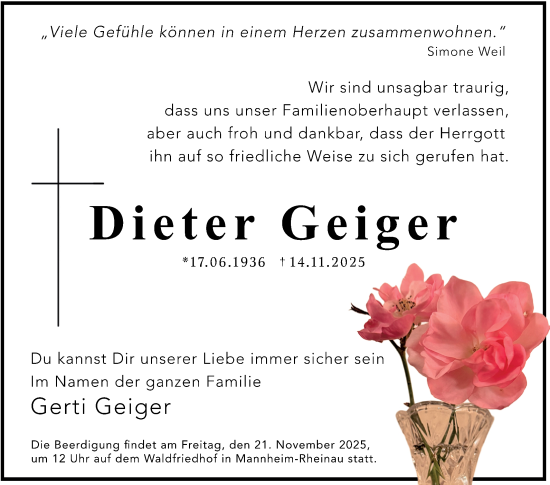 Traueranzeige von Dieter Geiger von Mannheimer Morgen