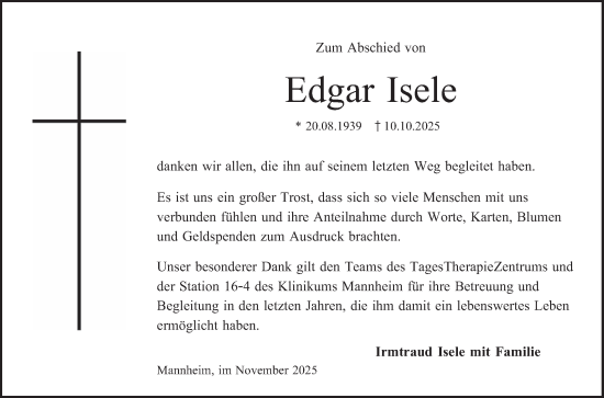 Traueranzeige von Edgar Isele von Mannheimer Morgen