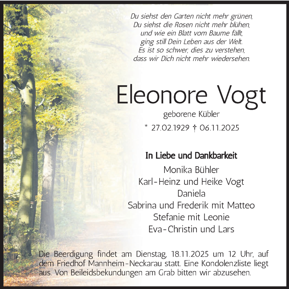  Traueranzeige für Eleonore Vogt vom 15.11.2025 aus Mannheimer Morgen
