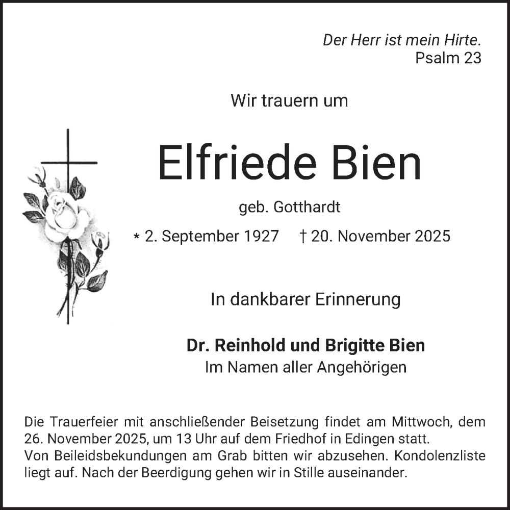  Traueranzeige für Elfriede Bien vom 25.11.2025 aus Mannheimer Morgen