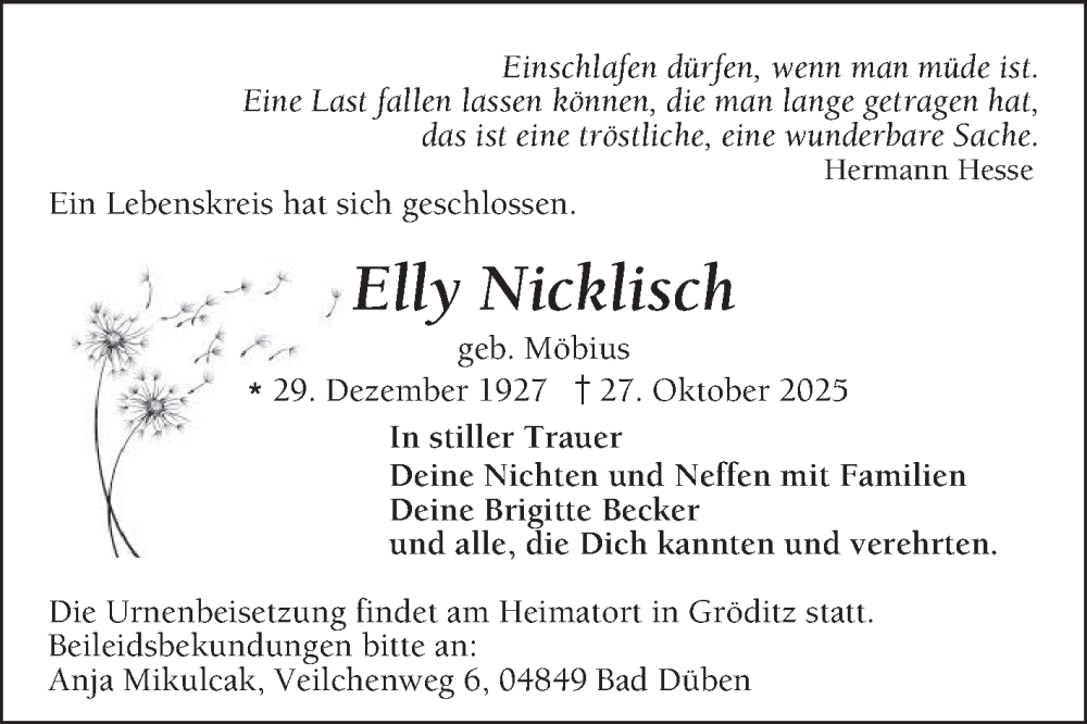  Traueranzeige für Elly Nicklisch vom 08.11.2025 aus Mannheimer Morgen