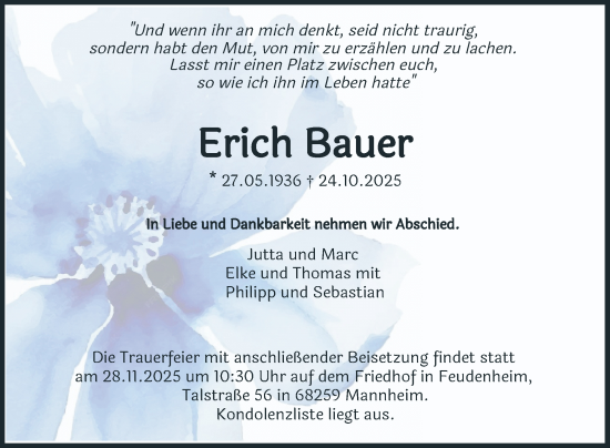 Traueranzeige von Erich Bauer von Mannheimer Morgen