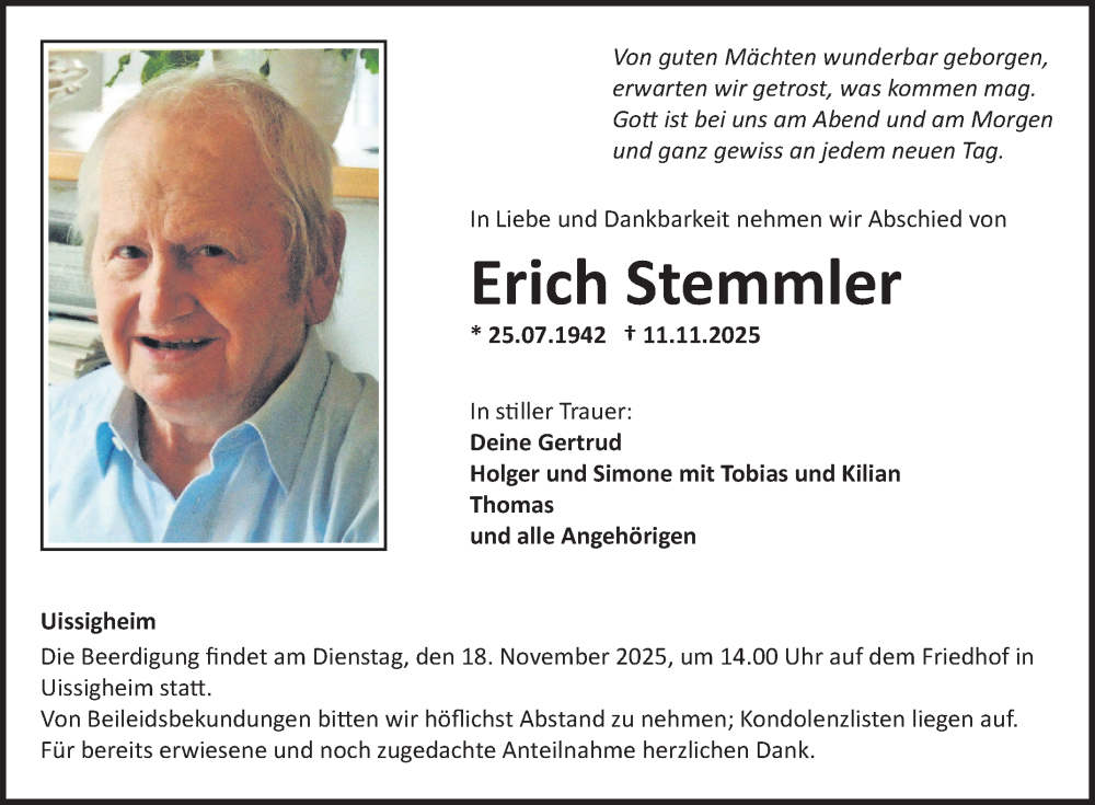  Traueranzeige für Erich Stemmler vom 15.11.2025 aus Fränkische Nachrichten