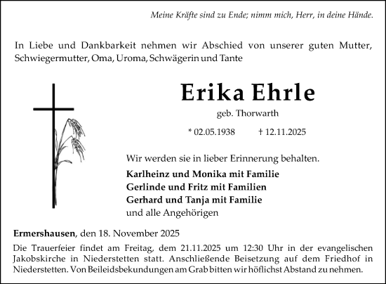 Traueranzeige von Erika Ehrle von Fränkische Nachrichten