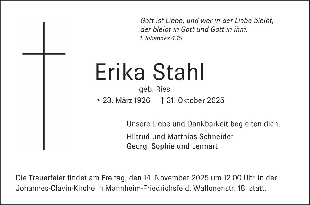  Traueranzeige für Erika Stahl vom 08.11.2025 aus Mannheimer Morgen