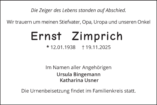 Traueranzeige von Ernst Zimprich von Mannheimer Morgen