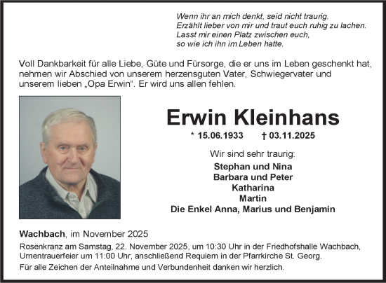 Traueranzeige von Erwin Kleinhans von Fränkische Nachrichten