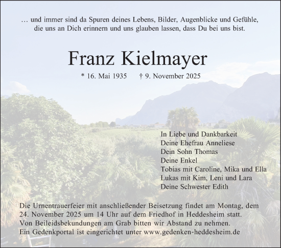 Traueranzeige von Franz Kielmayer von Mannheimer Morgen