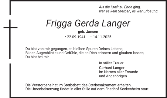 Traueranzeige von Frigga Gerda Langer von Mannheimer Morgen