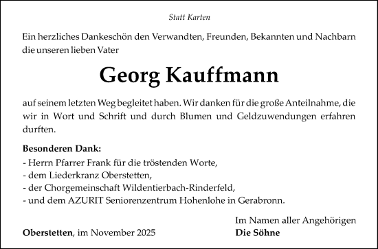 Traueranzeige von Georg Kauffmann von Fränkische Nachrichten
