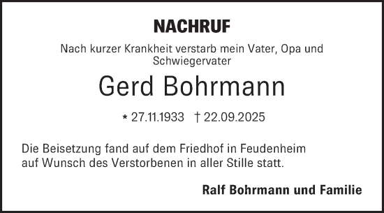 Traueranzeige von Gerd Bohrmann von Mannheimer Morgen